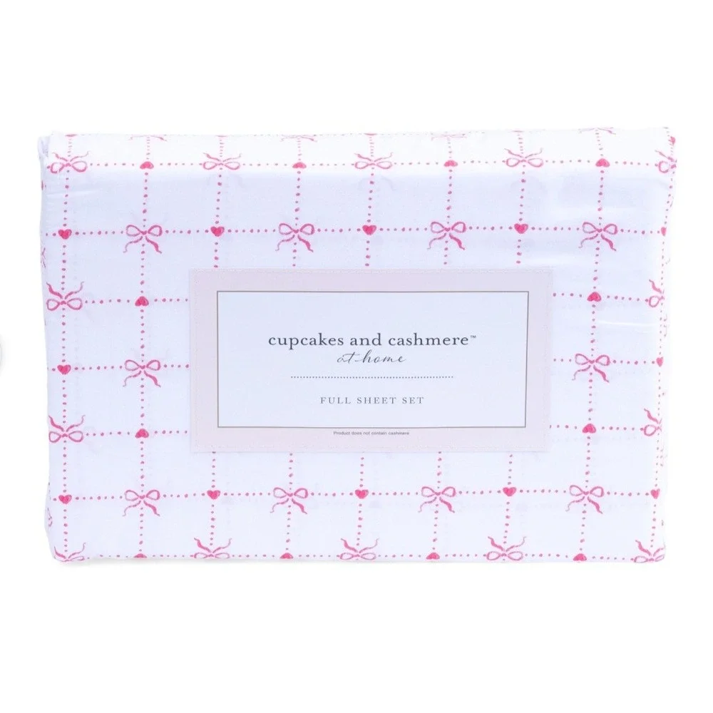 Cupcakes and Cashmere Queen Sheet Set Pink Bow Checker Hearts White 4 Piece NWT